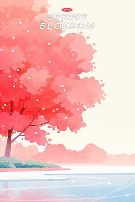 PSD 호수 분홍색 일러스트 하늘 수채화 잔디 사람없음 햇빛 벚나무 감성 봄바람 국내일러스트 나무 식물 컬러 컨셉 바람 태양 벚꽃 파일형식