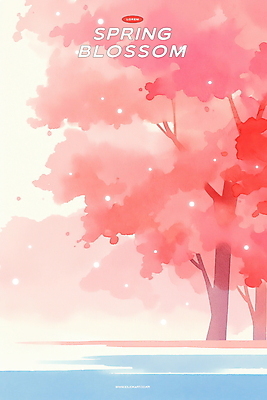 PSD 호수 분홍색 일러스트 수채화 사람없음 햇빛 벚나무 감성 봄바람 국내일러스트 나무 컬러 컨셉 바람 태양 벚꽃 파일형식