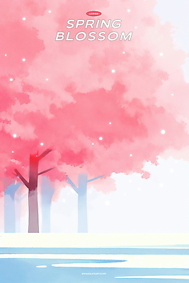 PSD 호수 분홍색 일러스트 수채화 사람없음 햇빛 벚나무 감성 봄바람 국내일러스트 나무 컬러 컨셉 바람 태양 벚꽃 파일형식