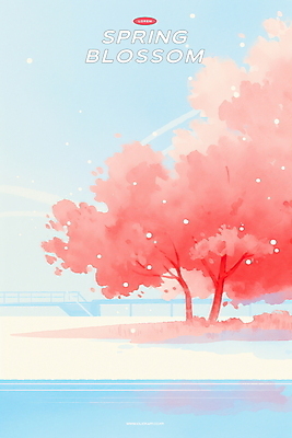 PSD 호수 분홍색 일러스트 하늘 수채화 사람없음 햇빛 벚나무 감성 봄바람 가교 국내일러스트 나무 건축물 컬러 컨셉 바람 태양 벚꽃 파일형식