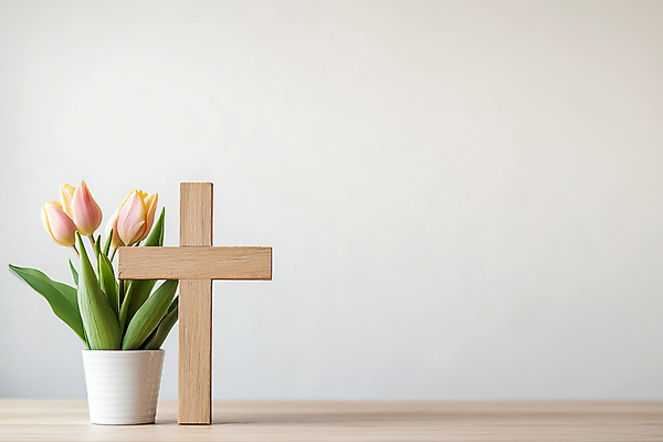 JPG 편집이미지 기독교 화분 사람없음 햇빛 천주교 튤립 풀잎 나무십자가 편집실사 AI포토 AI콘텐츠 꽃 종교 십자가 잎 태양 풀_식물 CG 파일형식