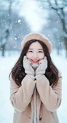JPG 편집이미지 공원 여자 장갑 겨울 갈색머리 따뜻함 한명 미소 성인 야외 뷰티 코트 눈 분위기 감성 베레모 눈내림 의료성형뷰티 성인여자한명만 편집실사 AI인물포토 AI콘텐츠 자연요소 모자_잡화 1 헤어스타일 잡화 계절 공공시설 컨셉 날씨 눈_날씨 표정 사람 외투 CG 여자한명만 성인여자만 파일형식 AI포토