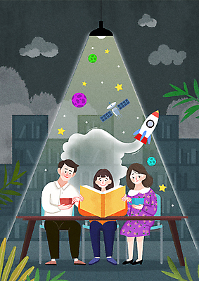 PSD 구름 여자 남자 별 어린이 잎 의자 일러스트 가족 동화 조명 책장 들기 앉기 소녀 성인 책 컵 세명 빛 독서 펼침 행성 인공위성 로켓 연기 도서관 책상 즐거움 상상력 창의력 국내일러스트 자연요소 식물 식기 교육 감정 가구 통신 관계 모션 사람 우주 파일형식