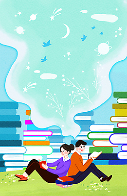 전신 PSD 커플 여자 남자 일러스트 상상 조류 동화 미소 들기 앉기 잔디 성인 두명 책 독서 기댐 행성 달 즐거움 상상력 창의력 책더미 성인만 국내일러스트 자연요소 식물 동물 감정 관계 모션 표정 사람 우주 무더기 파일형식