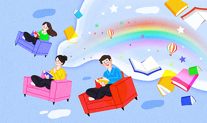 전신 PSD 여자 남자 별 어린이 무지개 일러스트 가족 상상 동화 미소 들기 소녀 성인 책 세명 파란색 소파 독서 펼침 열기구 즐거움 가부좌 상상력 창의력 국내일러스트 자연요소 감정 컬러 의자 관계 항공교통 모션 표정 사람 앉기 파일형식