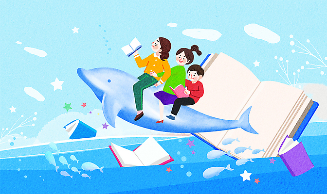 전신 PSD 여자 남자 어린이 바다 하늘색 일러스트 상상 동화 미소 들기 소녀 소년 책 세명 독서 펼침 수면 승차 즐거움 돌고래 상상력 창의력 어린이만 물고기떼 국내일러스트 감정 포유류 모션 표정 어류 사람 물 파란색 수중동물 파일형식