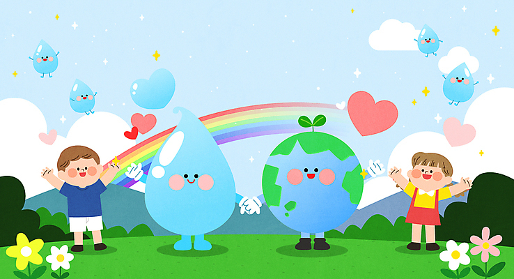 전신 구름 여자 남자 어린이 무지개 일러스트 하늘 사랑 미소 소녀 소년 잔디 두명 물 반짝임 자연보호 손잡기 만세 물방울 하트 절약 소중 감사 손인사 물방울캐릭터 세계물의날 수자원 어린이만 국내일러스트 일러캐릭터 지구캐릭터 AI파일 자연요소 모양 식물 캐릭터 감정 지구 컨셉 모션 자연 표정 사람 인사 보호 파일형식 벡터 법정기념일