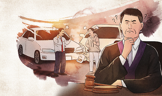 전신 PSD 남자 중년 일러스트 상반신 성인 세명 눈감음 턱괴기 손상 판사 고민 싸움 의사봉 재판 판결 자동차사고 충돌사고 남자만 국내일러스트 감정 컨셉 모션 사람 교통사고 사건 법률가 법 파일형식