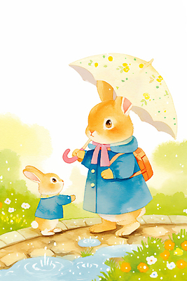 JPG 전신 동물 길 두마리 꽃밭 가방 일러스트 우산 자연 동화 밝음 들기 잔디 사람없음 햇빛 귀여움 봄비 토끼캐릭터 힐링 웅덩이 봄소풍 아기토끼 국내일러스트 AI일러스트 AI콘텐츠 식물 잡화 꽃 새끼 동물캐릭터 컨셉 2 모션 태양 소풍 봄 토끼 비_날씨 생태계 파일형식