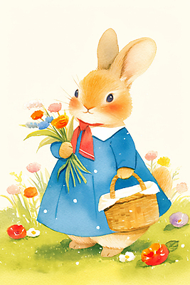 JPG 전신 동물 한마리 꽃밭 일러스트 자연 동화 밝음 들기 잔디 사람없음 햇빛 귀여움 스카프 토끼캐릭터 힐링 봄소풍 국내일러스트 AI일러스트 AI콘텐츠 식물 1 꽃 동물캐릭터 컨셉 모션 태양 소풍 목도리 봄 토끼 생태계 파일형식