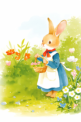 JPG 전신 동물 한마리 꽃밭 일러스트 자연 동화 밝음 들기 잔디 사람없음 햇빛 귀여움 스카프 앞치마 풀 토끼캐릭터 꽃바구니 힐링 봄소풍 국내일러스트 AI일러스트 AI콘텐츠 식물 1 꽃 동물캐릭터 컨셉 모션 태양 소풍 바구니 목도리 봄 토끼 생태계 파일형식