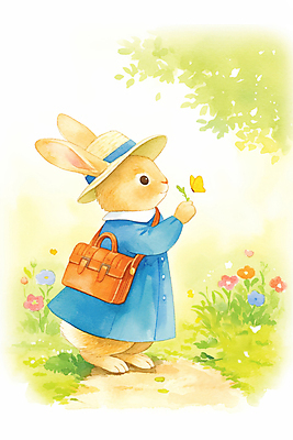 JPG 전신 동물 한마리 응시 길 나비 꽃밭 가방 일러스트 자연 동화 밝음 잔디 사람없음 햇빛 귀여움 토끼캐릭터 밀짚모자 힐링 봄소풍 국내일러스트 AI일러스트 AI콘텐츠 식물 모자_잡화 1 시선 잡화 꽃 동물캐릭터 곤충 컨셉 태양 소풍 봄 토끼 생태계 파일형식