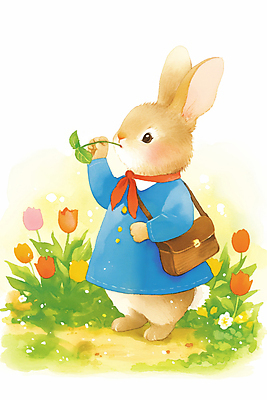 JPG 전신 동물 한마리 꽃밭 가방 일러스트 자연 동화 밝음 잔디 사람없음 햇빛 귀여움 스카프 튤립 물기 토끼캐릭터 힐링 봄소풍 국내일러스트 AI일러스트 AI콘텐츠 식물 1 잡화 꽃 동물캐릭터 컨셉 모션 태양 소풍 목도리 봄 토끼 생태계 파일형식