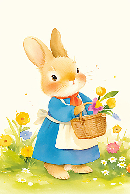 JPG 전신 동물 한마리 꽃밭 일러스트 자연 동화 밝음 들기 잔디 사람없음 햇빛 귀여움 스카프 앞치마 토끼캐릭터 꽃바구니 힐링 봄소풍 국내일러스트 AI일러스트 AI콘텐츠 식물 1 꽃 동물캐릭터 컨셉 모션 태양 소풍 바구니 목도리 봄 토끼 생태계 파일형식