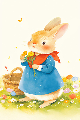 JPG 전신 동물 한마리 나비 꽃밭 일러스트 자연 동화 밝음 들기 잔디 사람없음 햇빛 바구니 귀여움 스카프 토끼캐릭터 힐링 봄소풍 국내일러스트 AI일러스트 AI콘텐츠 식물 1 꽃 동물캐릭터 곤충 컨셉 모션 태양 소풍 목도리 봄 토끼 생태계 파일형식