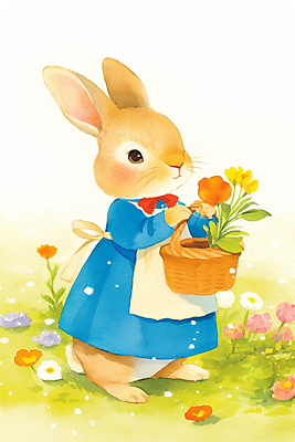 JPG 전신 동물 한마리 리본 꽃밭 일러스트 자연 동화 밝음 들기 잔디 사람없음 햇빛 귀여움 앞치마 토끼캐릭터 꽃바구니 힐링 봄소풍 국내일러스트 AI일러스트 AI콘텐츠 식물 1 꽃 동물캐릭터 컨셉 모션 태양 소풍 바구니 봄 토끼 생태계 파일형식