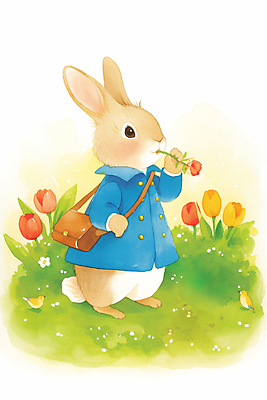 JPG 전신 한마리 꽃밭 가방 일러스트 자연 조류 동화 밝음 잔디 사람없음 햇빛 귀여움 물기 토끼캐릭터 힐링 봄소풍 국내일러스트 AI일러스트 AI콘텐츠 식물 동물 1 잡화 꽃 동물캐릭터 컨셉 모션 태양 소풍 봄 토끼 생태계 파일형식