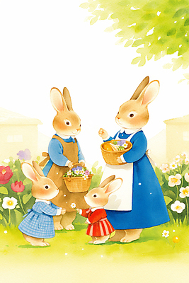 JPG 전신 나무 동물 꽃밭 여러마리 일러스트 자연 동화 밝음 들기 잔디 사람없음 햇빛 귀여움 앞치마 토끼캐릭터 주기 꽃바구니 힐링 봄소풍 아기토끼 국내일러스트 AI일러스트 AI콘텐츠 식물 꽃 새끼 동물캐릭터 다수 컨셉 모션 태양 소풍 바구니 봄 토끼 생태계 파일형식