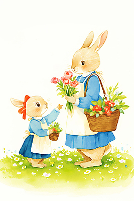 JPG 전신 동물 리본 두마리 꽃밭 일러스트 가족 자연 동화 의인화 밝음 들기 잔디 사람없음 햇빛 귀여움 앞치마 토끼캐릭터 꽃바구니 힐링 손뻗기 봄소풍 아기토끼 국내일러스트 AI일러스트 AI콘텐츠 식물 꽃 새끼 동물캐릭터 컨셉 2 관계 모션 태양 소풍 바구니 봄 토끼 생태계 파일형식