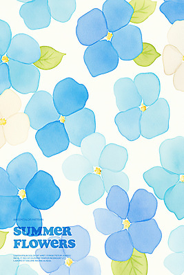 PSD 백그라운드 잎 일러스트 여름꽃 수채화 사람없음 여름 파란색 우아함 겹침 국내일러스트 식물 계절 꽃 컬러 컨셉 파일형식 여름_계절
