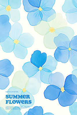 PSD 백그라운드 일러스트 여름꽃 수채화 사람없음 여름 파란색 우아함 겹침 국내일러스트 계절 꽃 컬러 컨셉 파일형식 여름_계절