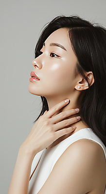 JPG 편집이미지 여자 한명 미소 상반신 성인 옆모습 뷰티 만지기 피부관리 스킨케어 청순 의료성형뷰티 성인여자한명만 편집실사 AI인물포토 AI콘텐츠 1 뷰포인트 컨셉 모션 표정 사람 CG 여자한명만 성인여자만 파일형식 AI포토