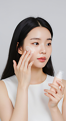 JPG 편집이미지 여자 한명 미소 들기 상반신 성인 뷰티 화장품 피부관리 바르기 스킨케어 청순 의료성형뷰티 성인여자한명만 세럼 편집실사 AI인물포토 AI콘텐츠 1 컨셉 모션 표정 사람 CG 여자한명만 성인여자만 파일형식 AI포토