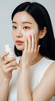 JPG 편집이미지 여자 한명 미소 들기 상반신 성인 뷰티 화장품 피부관리 바르기 스킨케어 청순 의료성형뷰티 성인여자한명만 세럼 편집실사 AI인물포토 AI콘텐츠 1 컨셉 모션 표정 사람 CG 여자한명만 성인여자만 파일형식 AI포토