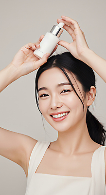 JPG 편집이미지 여자 한명 미소 들기 상반신 성인 뷰티 손들기 화장품 피부관리 스킨케어 앰플 청순 의료성형뷰티 성인여자한명만 세럼 편집실사 AI인물포토 AI콘텐츠 1 컨셉 모션 표정 사람 CG 여자한명만 성인여자만 파일형식 AI포토