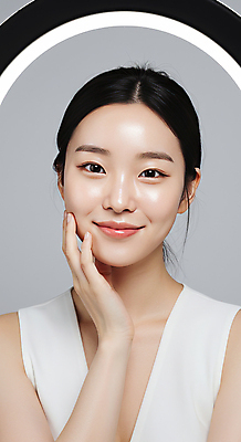 JPG 편집이미지 여자 조명 한명 미소 상반신 성인 뷰티 만지기 피부관리 스킨케어 방송조명 청순 의료성형뷰티 성인여자한명만 편집실사 AI인물포토 AI콘텐츠 1 컨셉 모션 표정 사람 CG 여자한명만 성인여자만 파일형식 AI포토