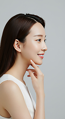 JPG 편집이미지 여자 한명 미소 상반신 성인 옆모습 뷰티 만지기 피부관리 스킨케어 청순 의료성형뷰티 성인여자한명만 편집실사 IC뷰티큐레이션 AI인물포토 AI콘텐츠 1 뷰포인트 컨셉 모션 표정 사람 CG 여자한명만 성인여자만 파일형식 AI포토