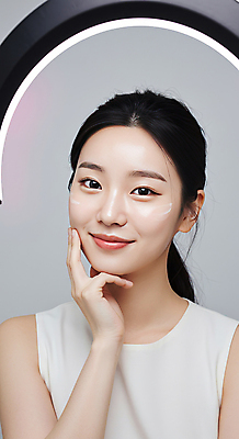 JPG 편집이미지 여자 조명 한명 미소 상반신 성인 뷰티 턱괴기 피부관리 바르기 스킨케어 방송조명 청순 의료성형뷰티 성인여자한명만 편집실사 AI인물포토 AI콘텐츠 1 컨셉 모션 표정 사람 CG 여자한명만 성인여자만 파일형식 AI포토