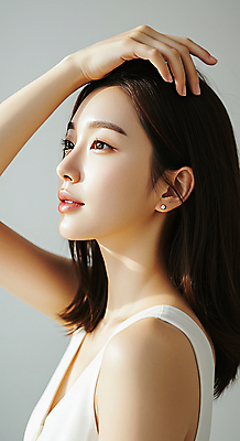 JPG 편집이미지 여자 한명 미소 상반신 성인 옆모습 햇빛 뷰티 손들기 피부관리 머리손질 스킨케어 청순 의료성형뷰티 성인여자한명만 편집실사 IC뷰티큐레이션 AI인물포토 AI콘텐츠 1 뷰포인트 컨셉 모션 표정 사람 태양 CG 여자한명만 성인여자만 파일형식 AI포토