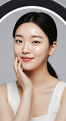 JPG 편집이미지 여자 조명 한명 미소 상반신 성인 뷰티 만지기 피부관리 스킨케어 방송조명 청순 의료성형뷰티 성인여자한명만 편집실사 IC뷰티큐레이션 AI인물포토 AI콘텐츠 1 컨셉 모션 표정 사람 CG 여자한명만 성인여자만 파일형식 AI포토