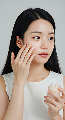 JPG 편집이미지 여자 한명 미소 들기 상반신 성인 뷰티 화장품 피부관리 바르기 스킨케어 수분크림 청순 의료성형뷰티 성인여자한명만 편집실사 IC뷰티큐레이션 AI인물포토 AI콘텐츠 1 컨셉 모션 표정 사람 CG 여자한명만 성인여자만 파일형식 AI포토