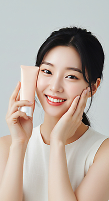 JPG 편집이미지 여자 한명 미소 들기 상반신 성인 뷰티 화장품 크림 피부관리 스킨케어 감싸기 청순 튜브용기 의료성형뷰티 성인여자한명만 편집실사 IC뷰티큐레이션 AI인물포토 AI콘텐츠 1 컨셉 모션 표정 사람 용기_그릇 CG 여자한명만 성인여자만 파일형식 AI포토