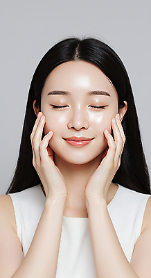 JPG 편집이미지 여자 한명 미소 상반신 성인 뷰티 눈감음 만지기 피부관리 스킨케어 청순 의료성형뷰티 성인여자한명만 편집실사 IC뷰티큐레이션 AI인물포토 AI콘텐츠 1 컨셉 모션 표정 사람 CG 여자한명만 성인여자만 파일형식 AI포토