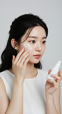 JPG 편집이미지 여자 한명 미소 들기 상반신 성인 뷰티 화장품 피부관리 바르기 스킨케어 청순 의료성형뷰티 성인여자한명만 편집실사 IC뷰티큐레이션 AI인물포토 AI콘텐츠 1 컨셉 모션 표정 사람 CG 여자한명만 성인여자만 파일형식 AI포토