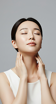 JPG 편집이미지 여자 한명 미소 상반신 성인 뷰티 만지기 피부관리 스킨케어 청순 의료성형뷰티 성인여자한명만 편집실사 IC뷰티큐레이션 AI인물포토 AI콘텐츠 1 컨셉 모션 표정 사람 CG 여자한명만 성인여자만 파일형식 AI포토