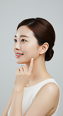 JPG 편집이미지 여자 한명 미소 상반신 성인 옆모습 뷰티 만지기 피부관리 스킨케어 청순 의료성형뷰티 성인여자한명만 편집실사 IC뷰티큐레이션 AI인물포토 AI콘텐츠 1 뷰포인트 컨셉 모션 표정 사람 CG 여자한명만 성인여자만 파일형식 AI포토