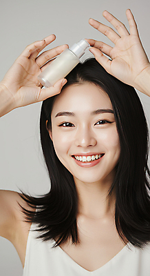 JPG 편집이미지 여자 한명 미소 들기 상반신 성인 뷰티 손들기 화장품 피부관리 스킨케어 청순 의료성형뷰티 성인여자한명만 세럼 편집실사 IC뷰티큐레이션 AI인물포토 AI콘텐츠 1 컨셉 모션 표정 사람 CG 여자한명만 성인여자만 파일형식 AI포토