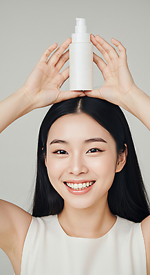 JPG 편집이미지 여자 한명 미소 들기 상반신 성인 뷰티 손들기 화장품 피부관리 스킨케어 청순 의료성형뷰티 성인여자한명만 세럼 편집실사 IC뷰티큐레이션 AI인물포토 AI콘텐츠 1 컨셉 모션 표정 사람 CG 여자한명만 성인여자만 파일형식 AI포토