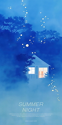 PSD 야경 일러스트 자연 수채화 주택 사람없음 파란색 평화 고요 숲 감성 반딧불이 여름밤 국내일러스트 컬러 곤충 컨셉 건물 여름 야간 생태계 파일형식 풍경_경치