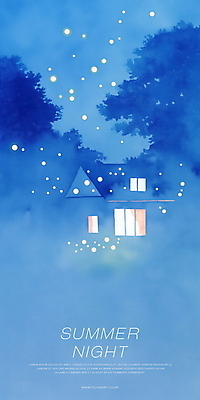 PSD 나무 야경 일러스트 자연 수채화 주택 사람없음 파란색 평화 고요 숲속 숲 감성 반딧불이 여름밤 국내일러스트 식물 컬러 곤충 컨셉 건물 여름 야간 생태계 파일형식 풍경_경치
