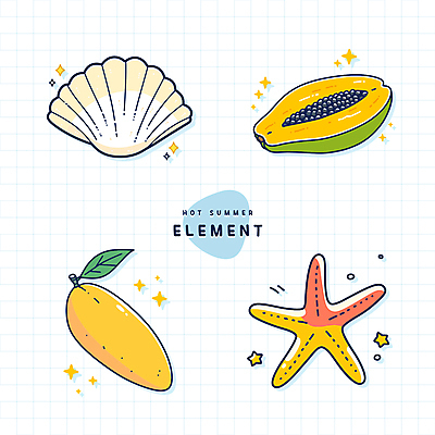 스티커 일러스트 불가사리 사람없음 여름 반짝임 세트 조개껍데기 망고 엘리먼트 파파야 국내일러스트 AI파일 계절 모션 조개 극피동물 열대과일 파일형식 벡터