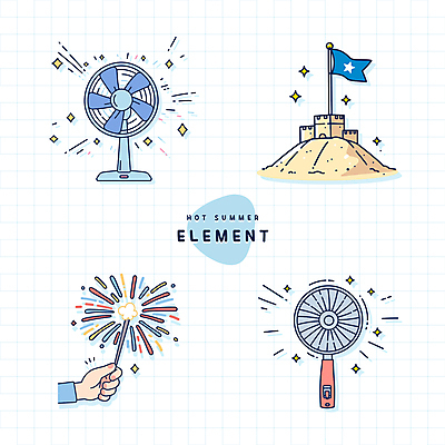 스티커 일러스트 사람없음 여름 반짝임 세트 깃발 선풍기 모래성 엘리먼트 손풍기 스파클라 국내일러스트 AI파일 계절 모래 모션 폭죽 가전제품 휴대용 파일형식 벡터