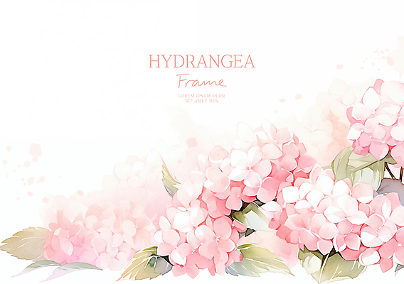 PSD 분홍색 잎 일러스트 여름꽃 수채화 사람없음 수국 꽃프레임 카피스페이스 국내일러스트 식물 꽃 컬러 프레임 공백 파일형식 여름_계절