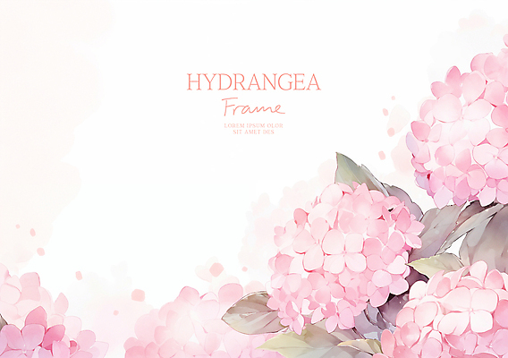 PSD 분홍색 잎 일러스트 여름꽃 수채화 사람없음 수국 꽃프레임 카피스페이스 국내일러스트 식물 꽃 컬러 프레임 공백 파일형식 여름_계절