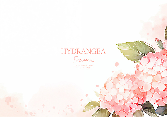 PSD 분홍색 잎 일러스트 여름꽃 수채화 사람없음 수국 꽃프레임 카피스페이스 국내일러스트 식물 꽃 컬러 프레임 공백 파일형식 여름_계절