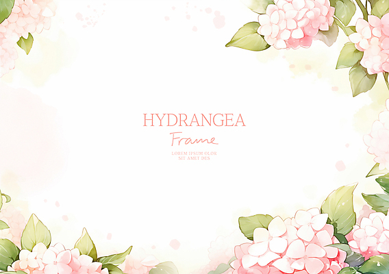 PSD 분홍색 잎 일러스트 여름꽃 수채화 사람없음 수국 꽃프레임 카피스페이스 국내일러스트 식물 꽃 컬러 프레임 공백 파일형식 여름_계절
